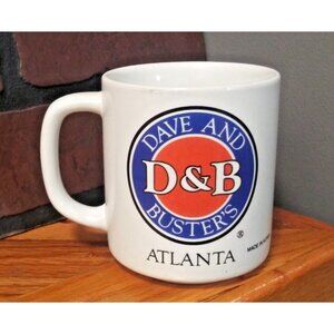 Dave and Busters D&B Atlanta Coffee mug cup white orange blue ceramic Korea EUC